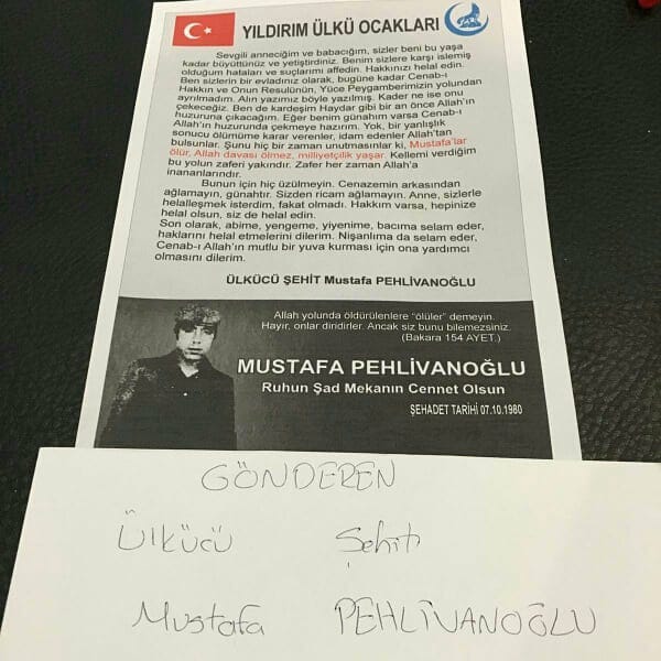 Bursa Yıldırım Ülkü Ocakları Mustafa Pehlivanoğlu’nun Mektubunu Dağıttı.
