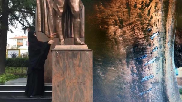 Atatürk Anıtı’na balta ile saldıran kadın yerde aranıyordu! Az önce yakalandı…