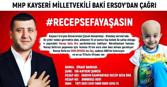 MHP Kayseri Milletvekili Baki Ersoy, bir maaşını Minik Recep’e bağışladı