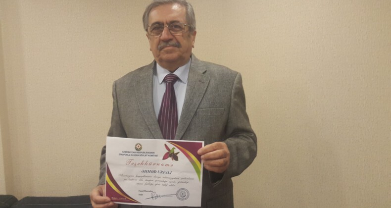 Yazarımız Ahmet Urfalı’ya, Azerbaycan’dan ‘teşekkürname’ ödülü