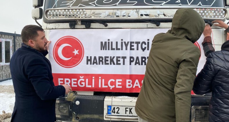 Kansa kan, emekse emek: MHP #Ereğli İlçe Başkanlığı afet bölgesine konteyner gönderdi.