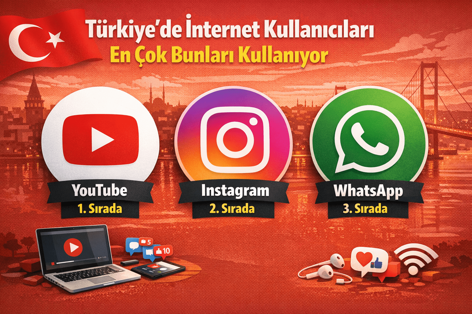 Türkiye’de internet kullanıcıları en çok YouTube, Instagram ve WhatsApp kullanıyor